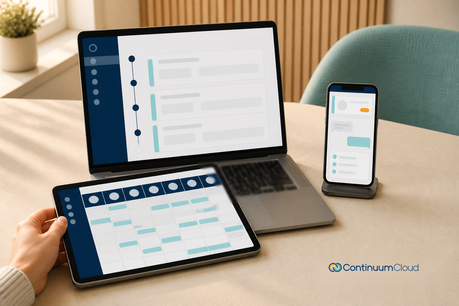 A laptop, tablet, and phone show coordinated abstract interfaces for behavioral health care, workforce, and patient engagement.