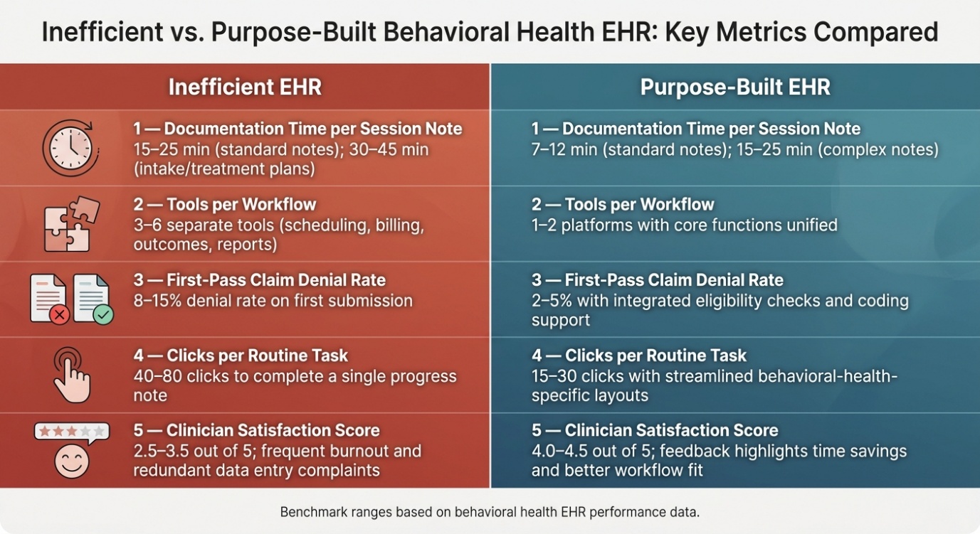 Inefficient versus purpose-built behavioral health EHR key metrics comparison