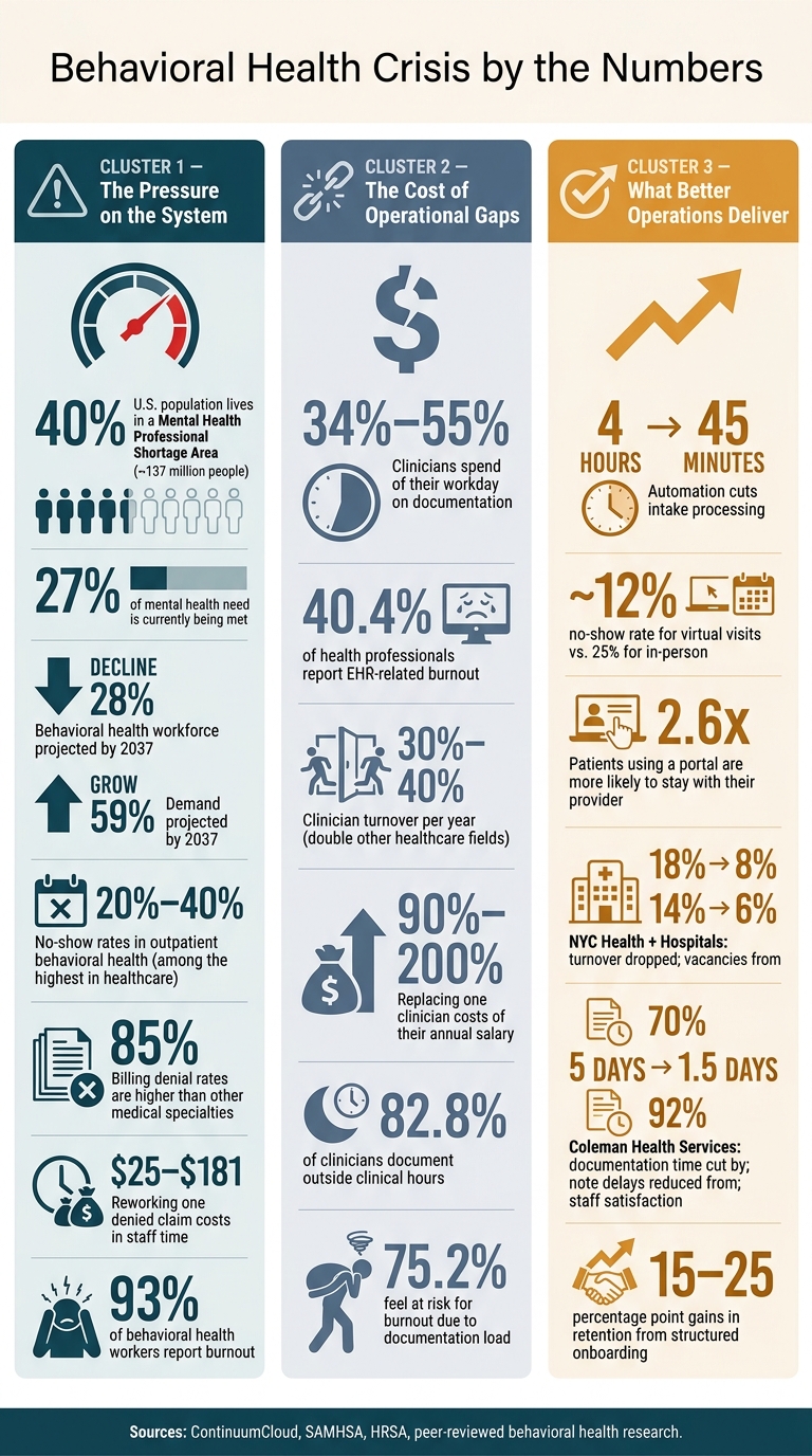 Behavioral Health Crisis by the Numbers infographic showing workforce, documentation, access, billing, burnout, and operational statistics.
