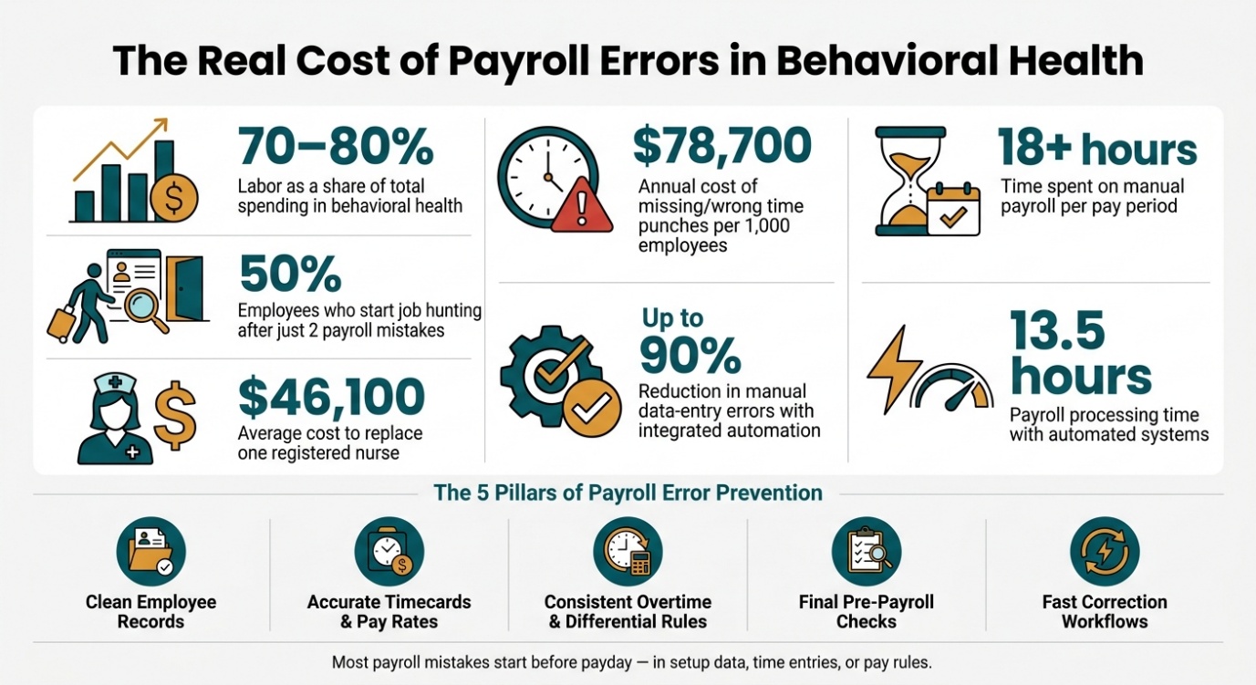 Infographic showing the real cost of payroll errors in behavioral health and five payroll error prevention pillars