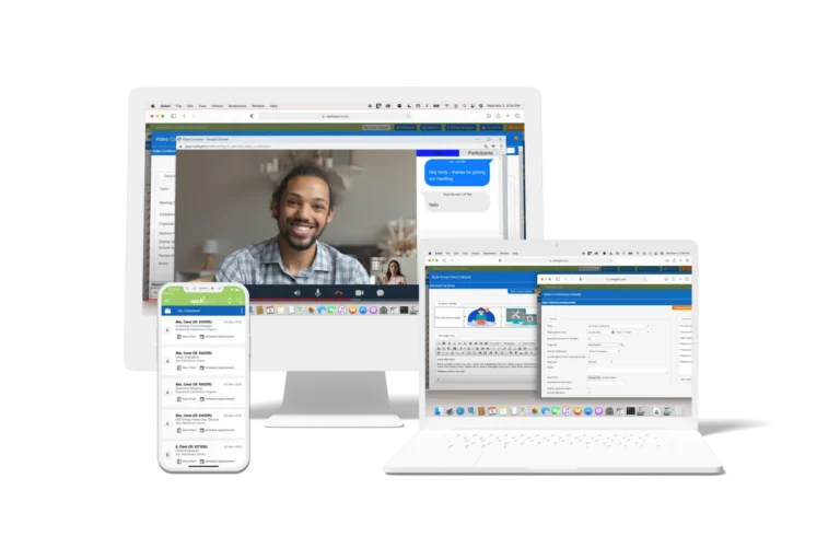 Welligent behavioral health EHR software shown on desktop, tablet, and mobile