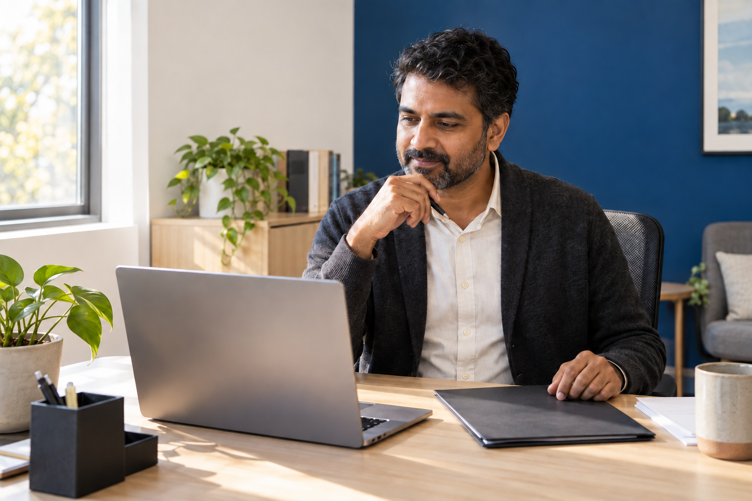 Human services finance administrator reviewing position planning at a desk