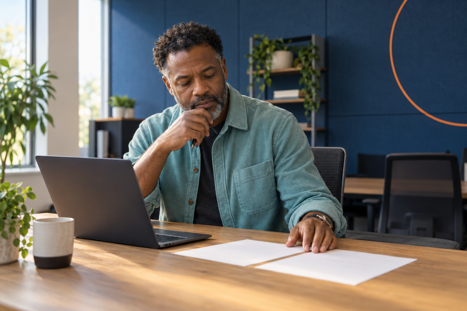 Workforce leader reviewing organizational planning at a laptop in a behavioral health office