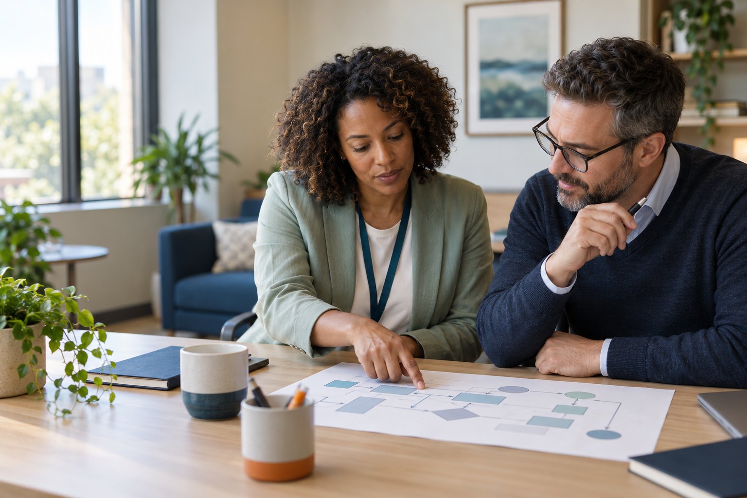 Two colleagues reviewing a care operations workflow together