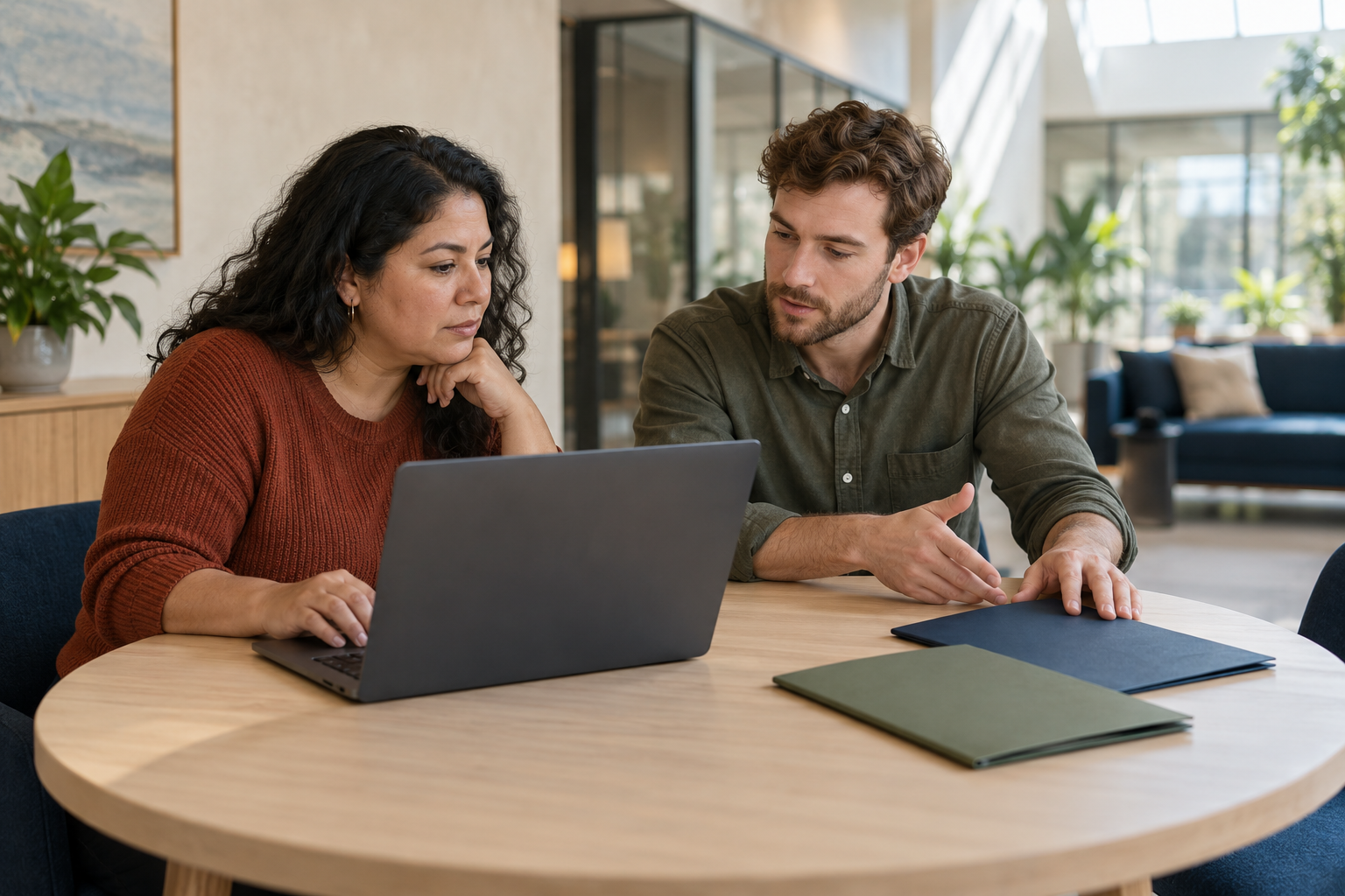 Two colleagues collaborating at a laptop in an operations workspace
